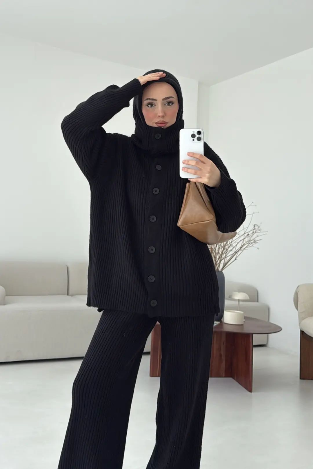 Dik Yaka Düğmeli Triko Takım Siyah - Görsel 6