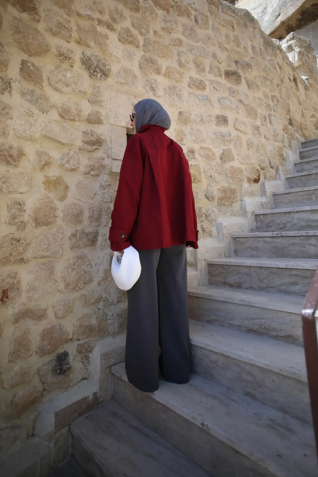 Dik Yaka Gabardin Ceket Bordo - Görsel 5