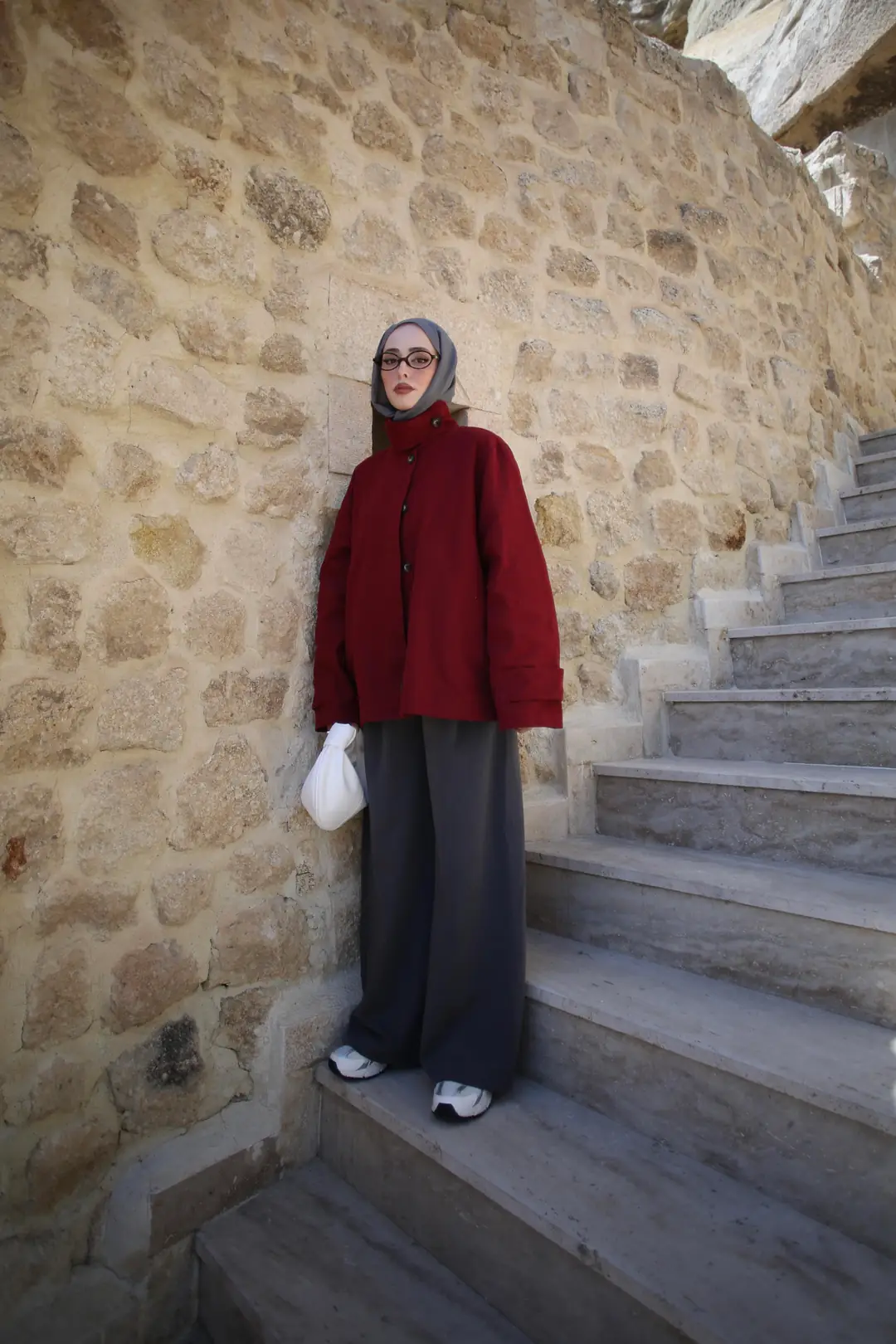 Dik Yaka Gabardin Ceket Bordo - Görsel 6