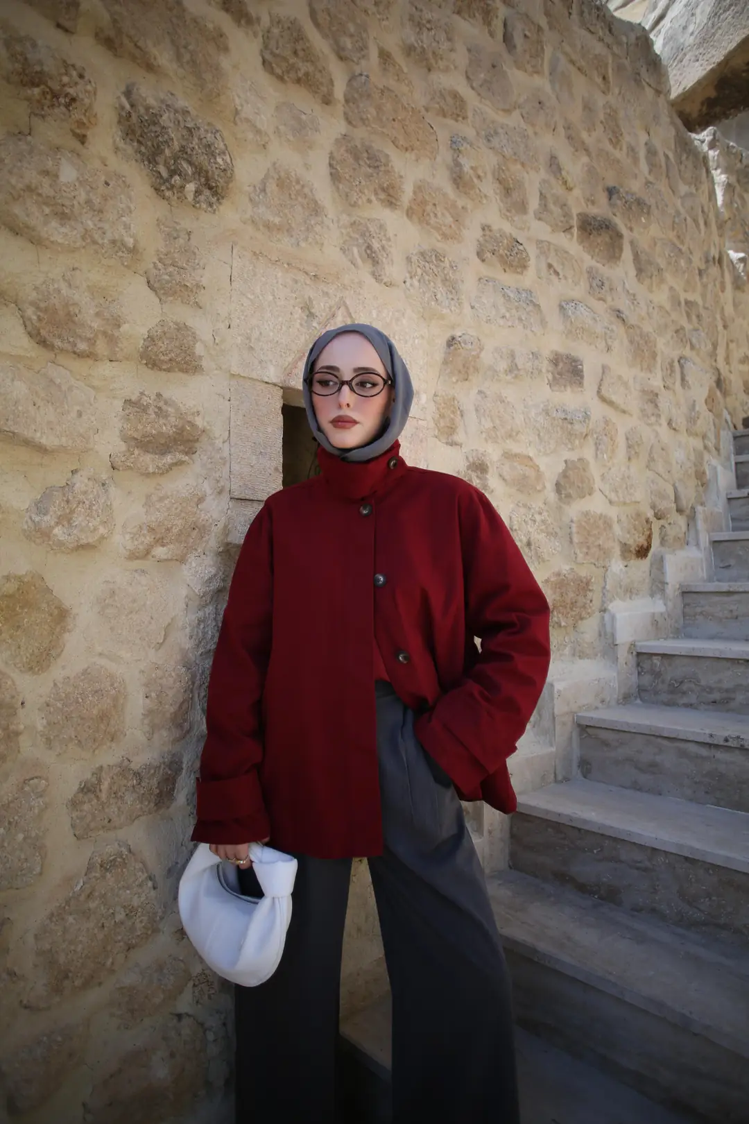 Dik Yaka Gabardin Ceket Bordo - Görsel 8