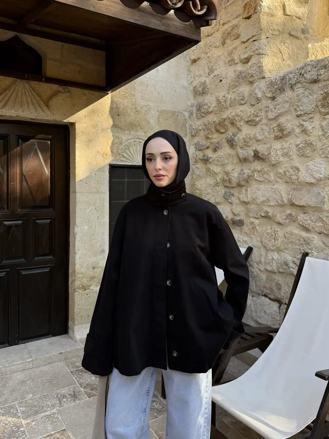 Dik Yaka Gabardin Ceket Siyah - Görsel 2