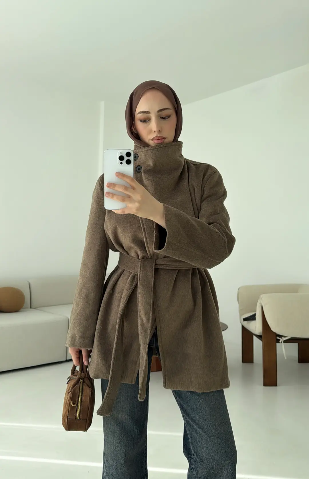 Dik Yaka Kaşe Kaban Kahve - Görsel 5