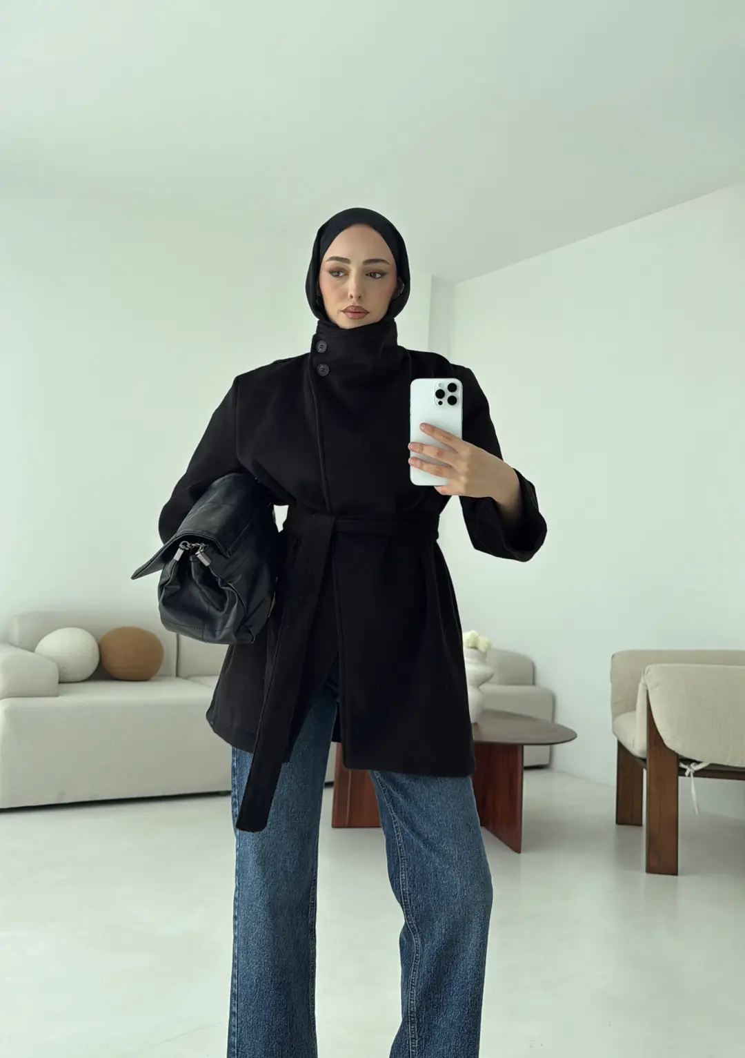 Dik Yaka Kaşe Kaban Siyah - Görsel 4