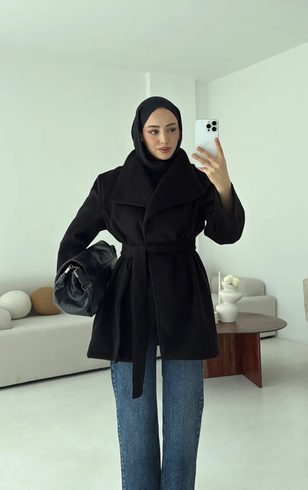 Dik Yaka Kaşe Kaban Siyah - Görsel 5