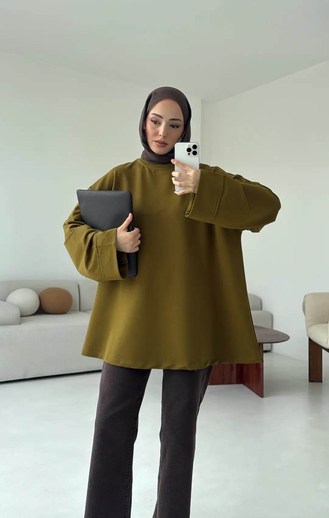 Dikiş Detay Basic Sweat Olive