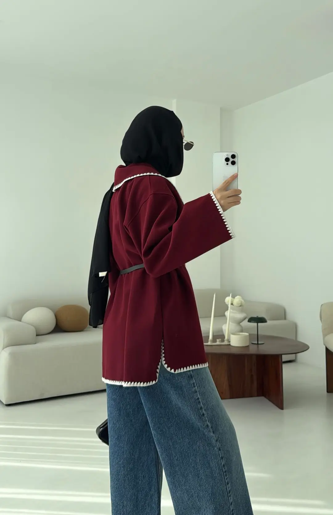 Dikişli Kaşe Ceket Bordo - Görsel 6