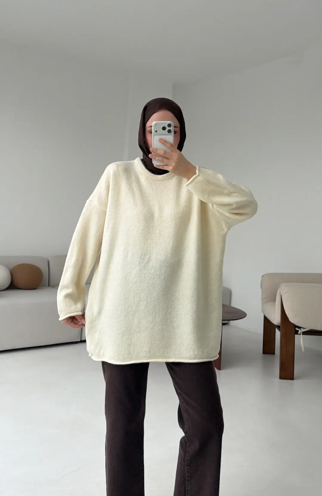 Dikişsiz Triko Kazak Krem