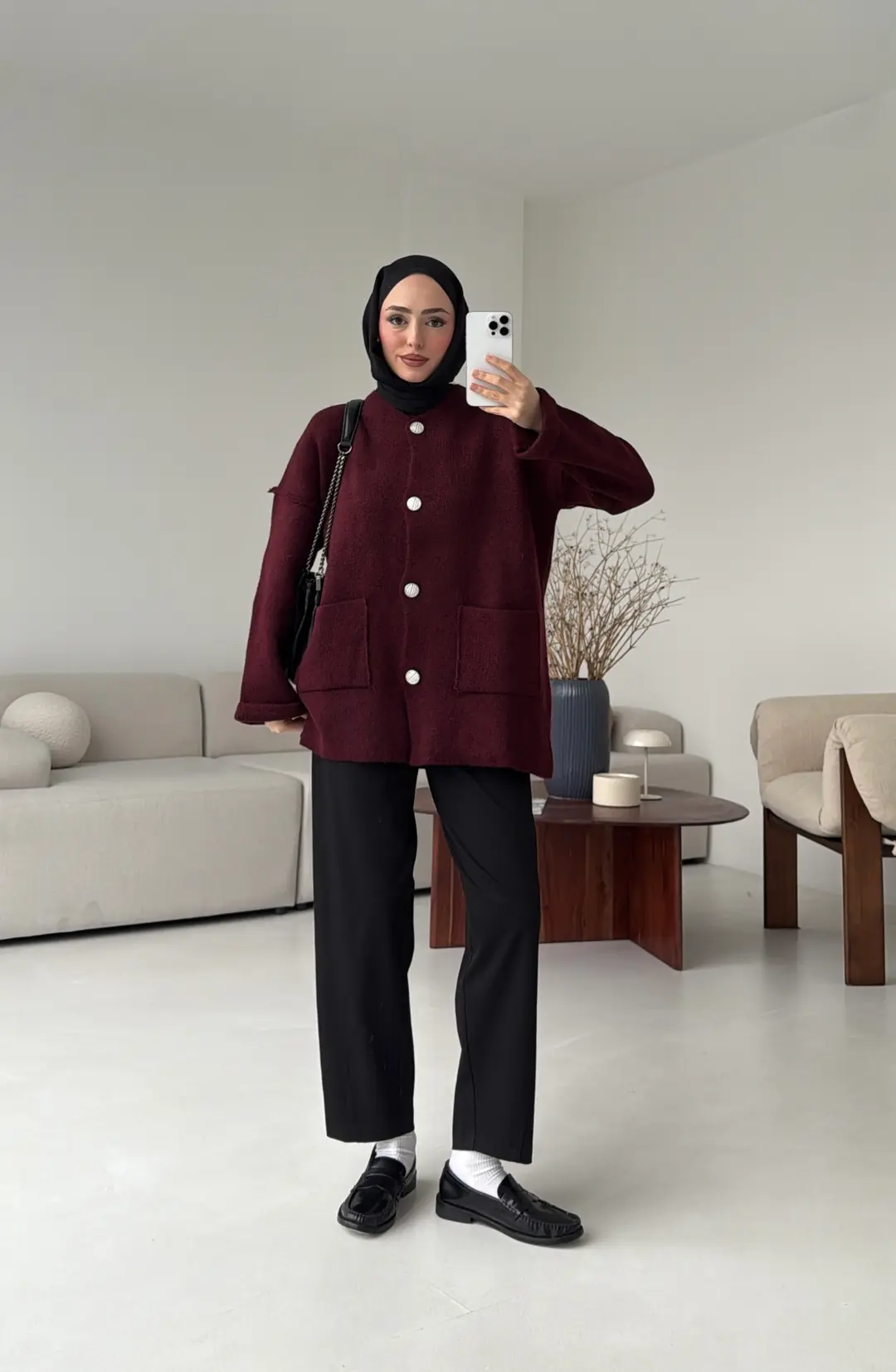 Double Kol Çelik Örgü Hırka Bordo