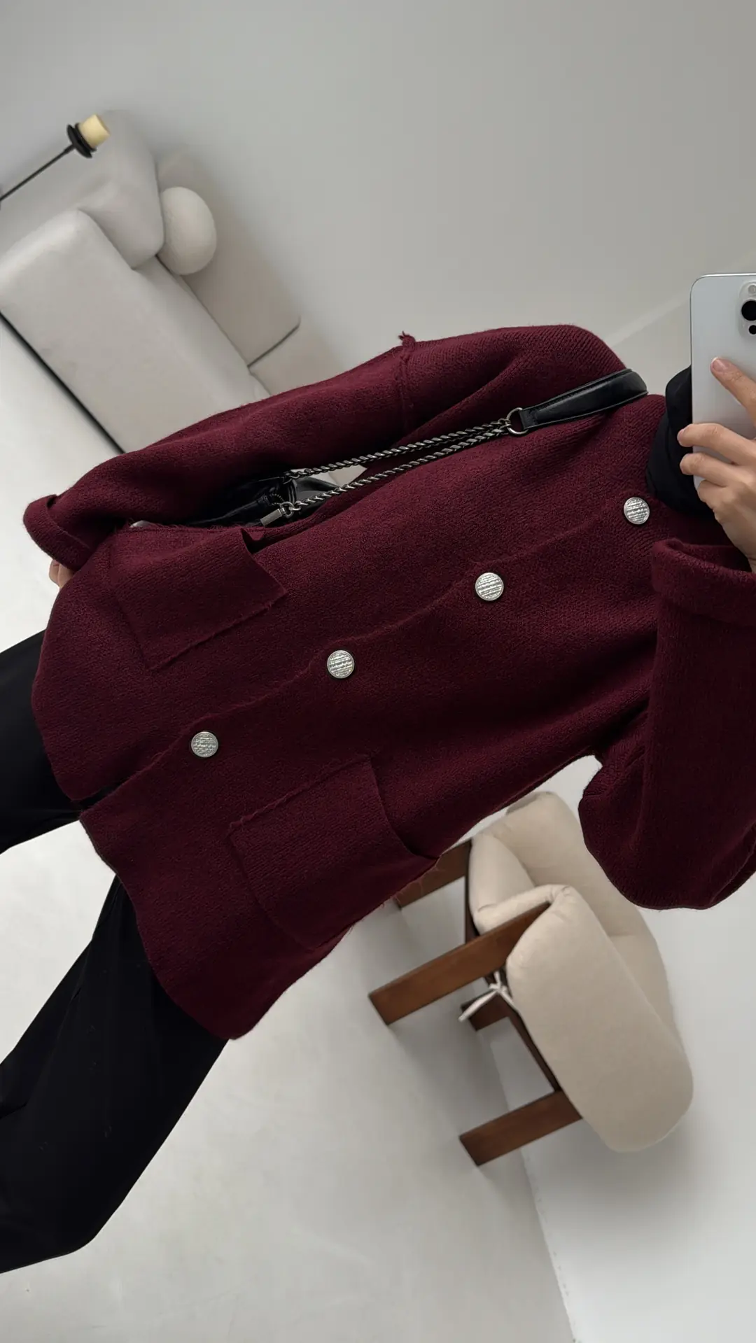 Double Kol Çelik Örgü Hırka Bordo - Görsel 2