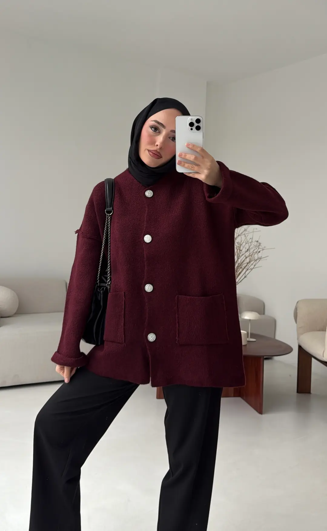 Double Kol Çelik Örgü Hırka Bordo - Görsel 4