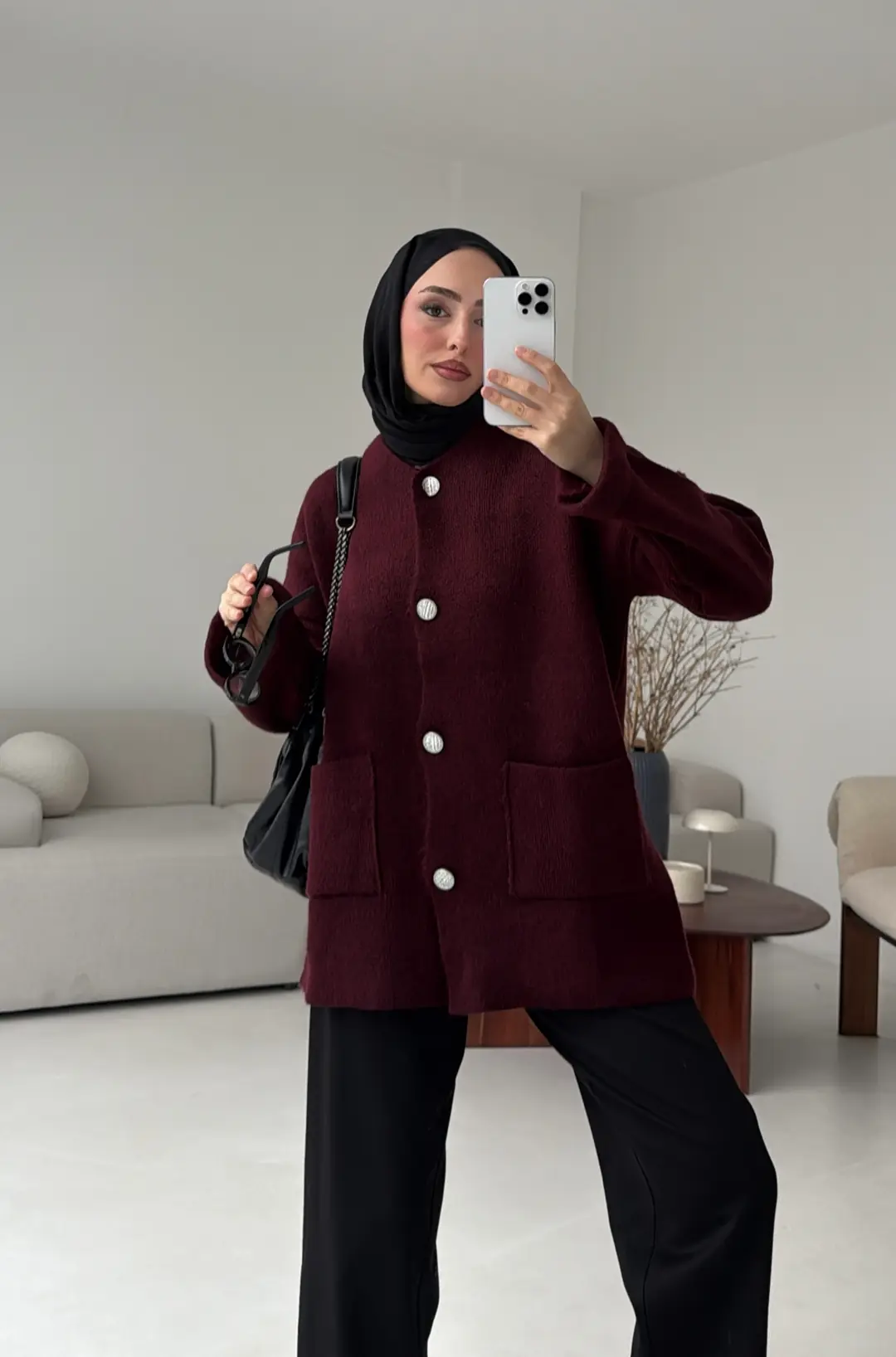 Double Kol Çelik Örgü Hırka Bordo - Görsel 6