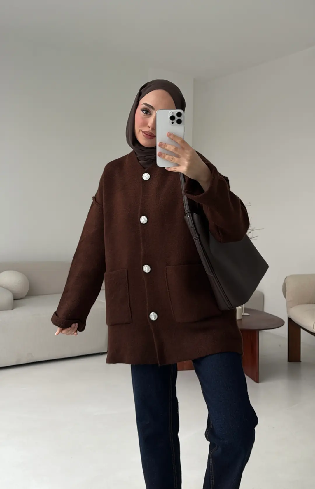 Double Kol Çelik Örgü Hırka Kahve