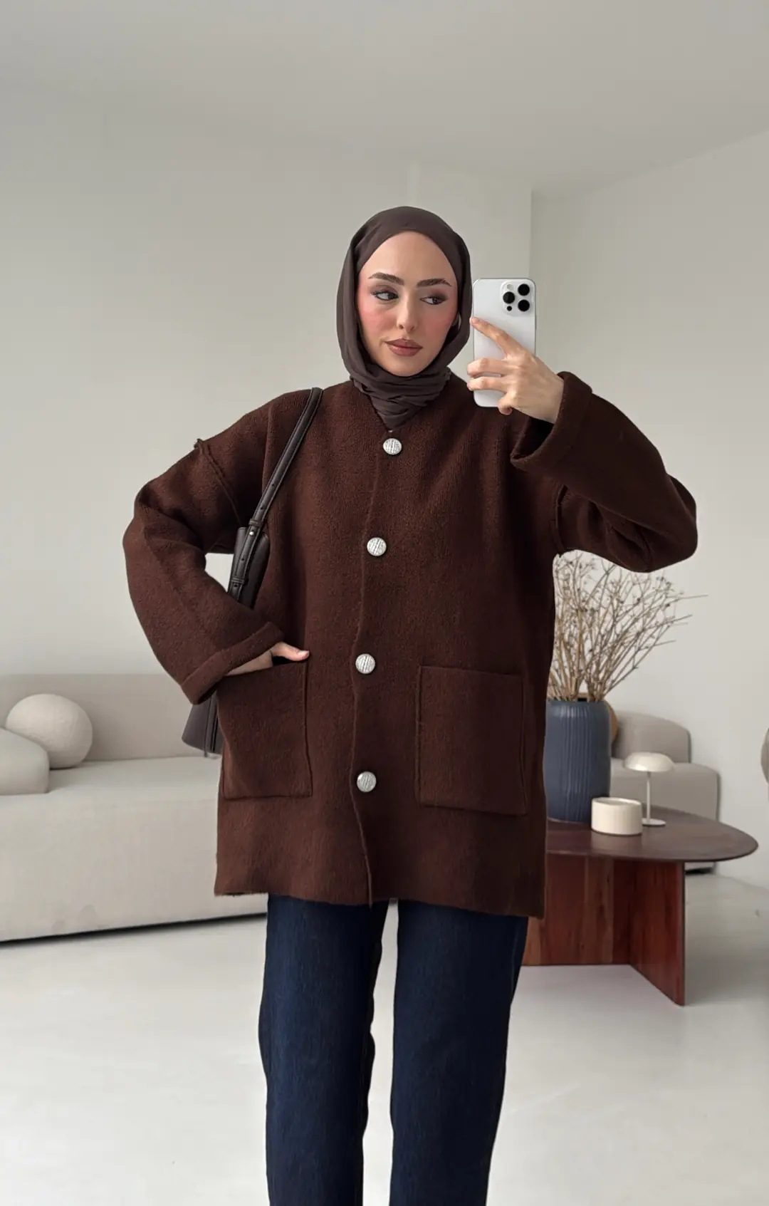 Double Kol Çelik Örgü Hırka Kahve - Görsel 6