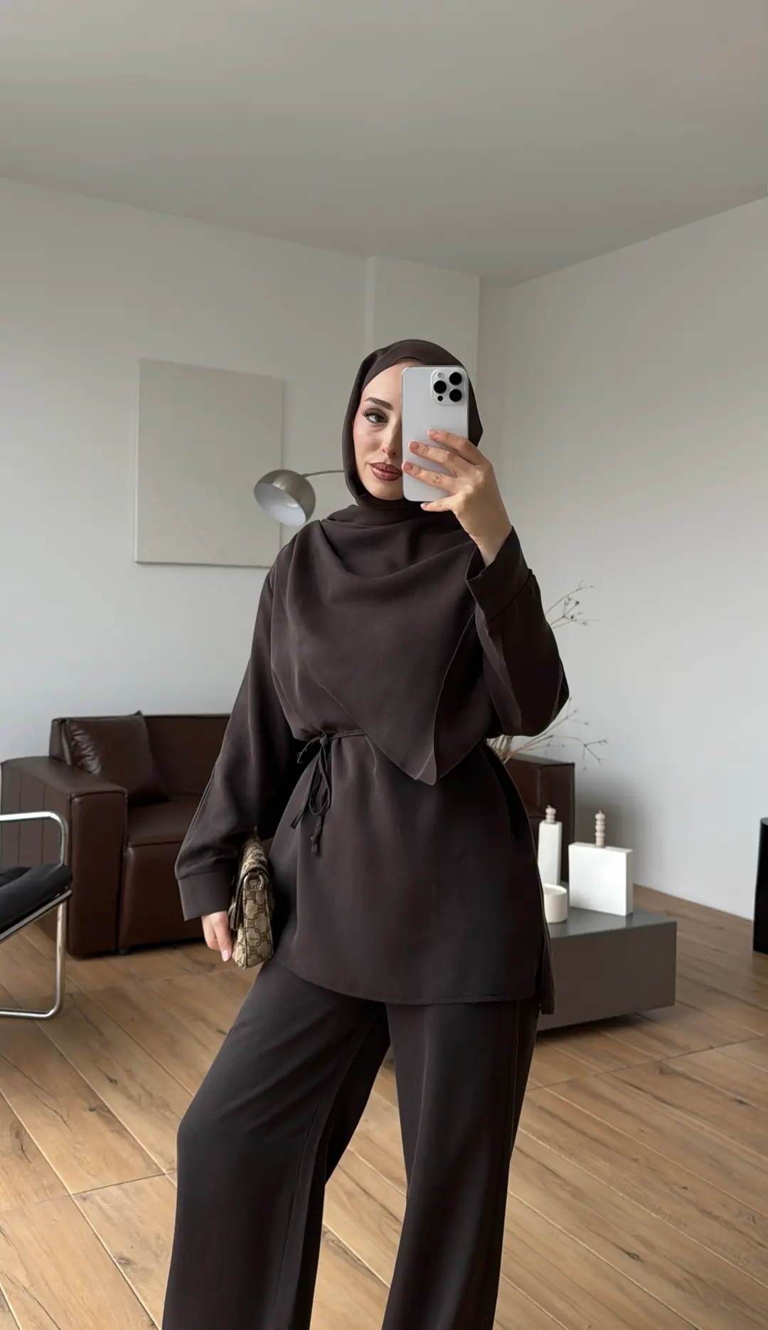 Drape Yaka Bluz Takım Kahve - Görsel 2