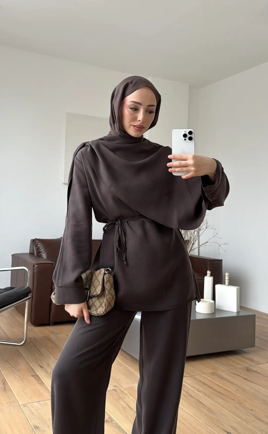 Drape Yaka Bluz Takım Kahve - Görsel 4