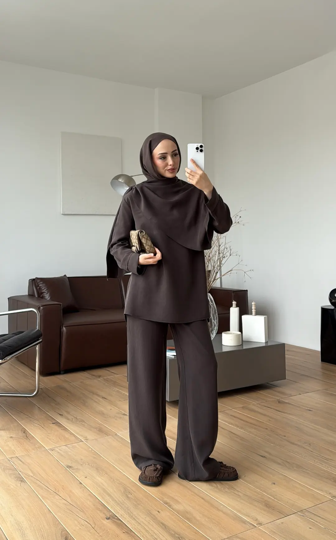 Drape Yaka Bluz Takım Kahve - Görsel 7