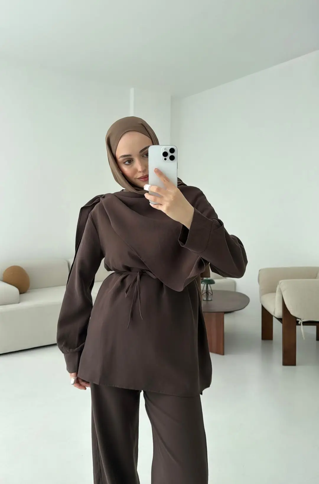 Drape Yaka Bluz Takım Kahve - Görsel 4