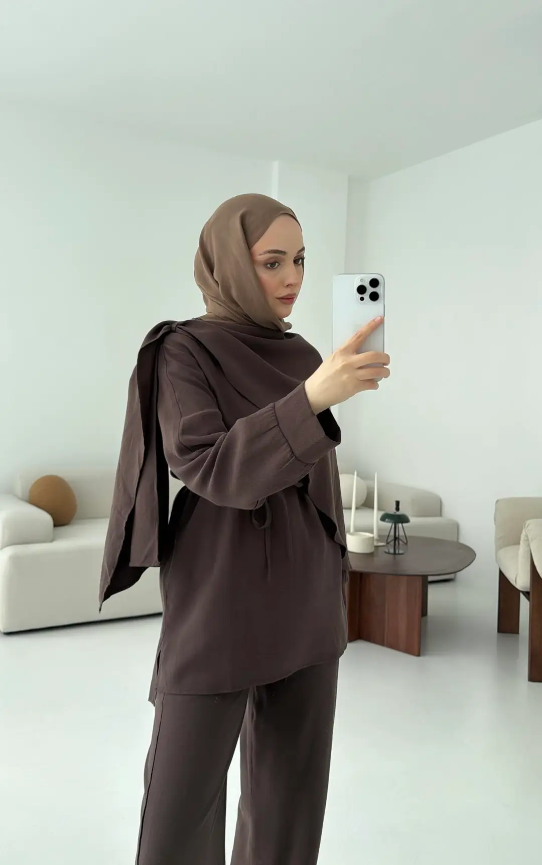 Drape Yaka Bluz Takım Kahve - Görsel 5