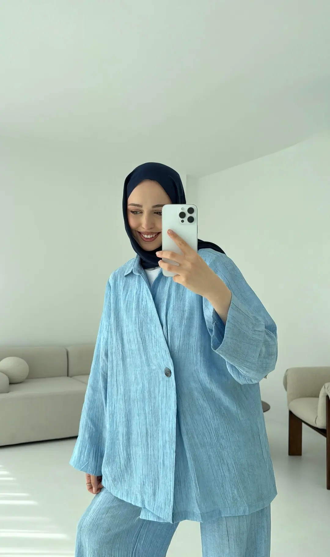 Düğme Detay Yazlık Takım Mavi