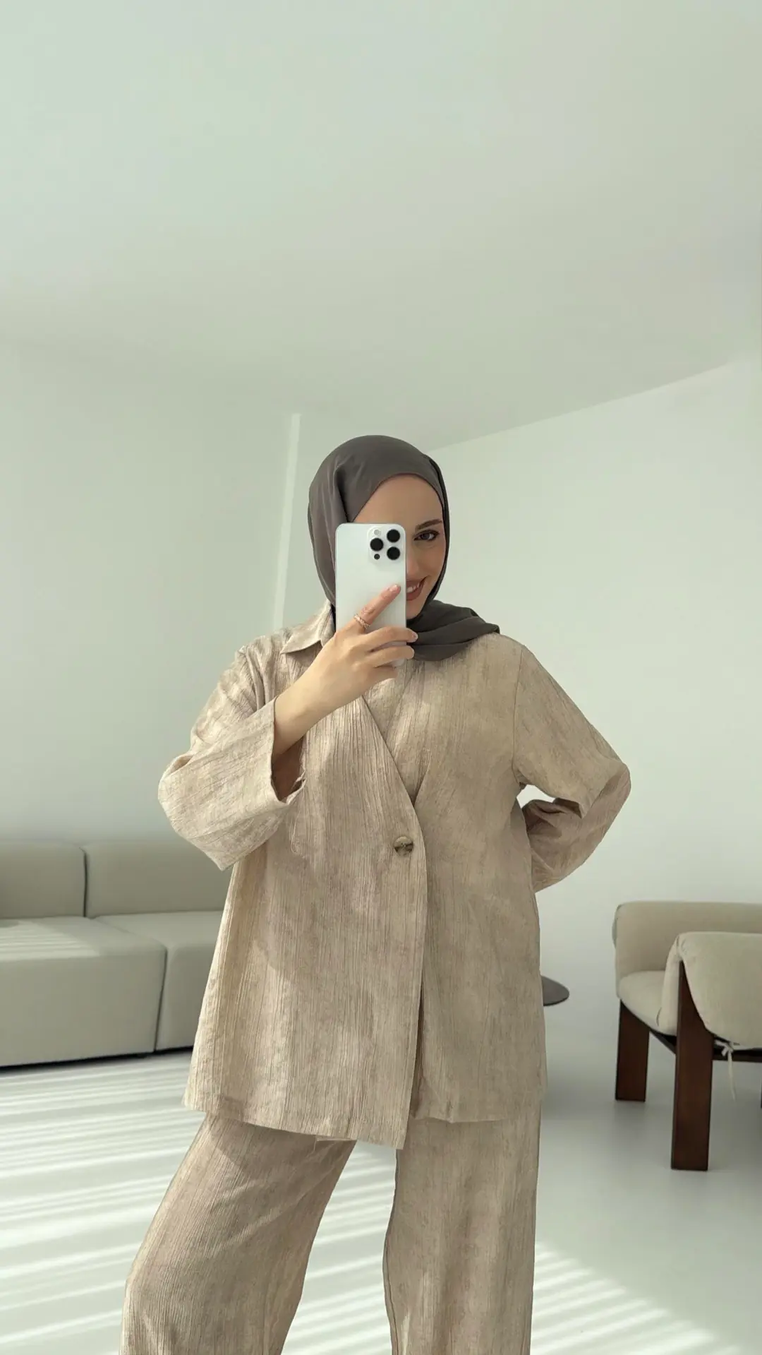 Düğme Detay Yazlık Takım Vizon - Görsel 2