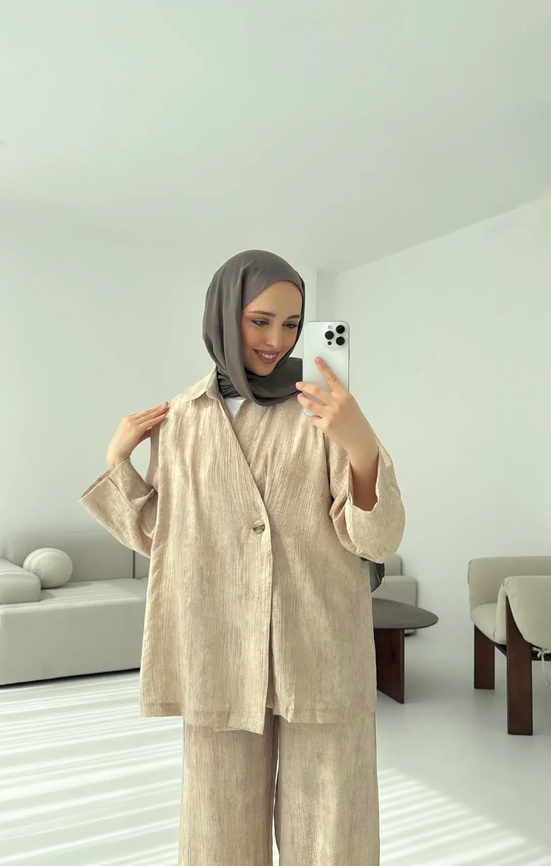 Düğme Detay Yazlık Takım Vizon - Görsel 4