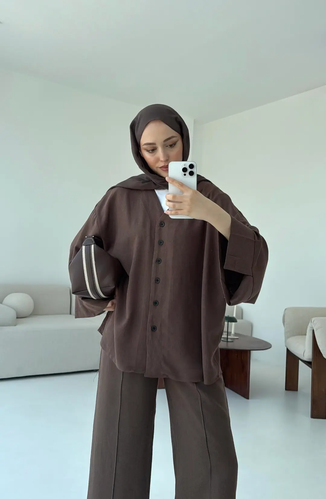 Düğmeli Kimono Takım Kahve - Görsel 2