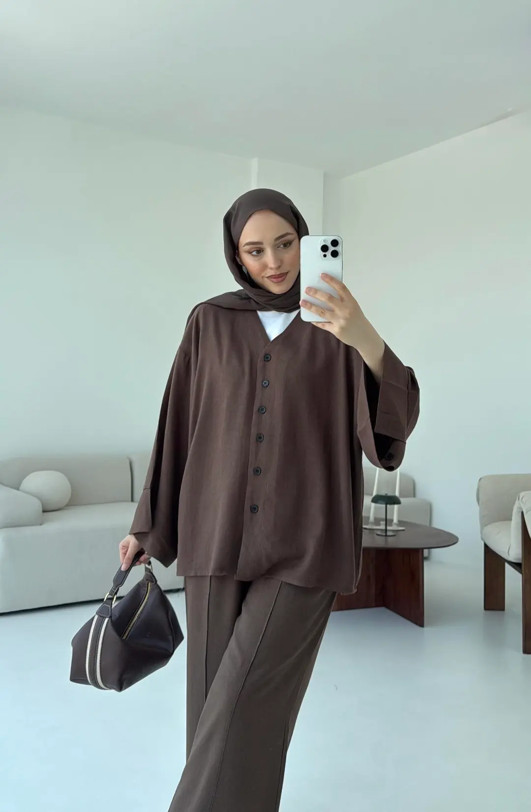 Düğmeli Kimono Takım Kahve - Görsel 3