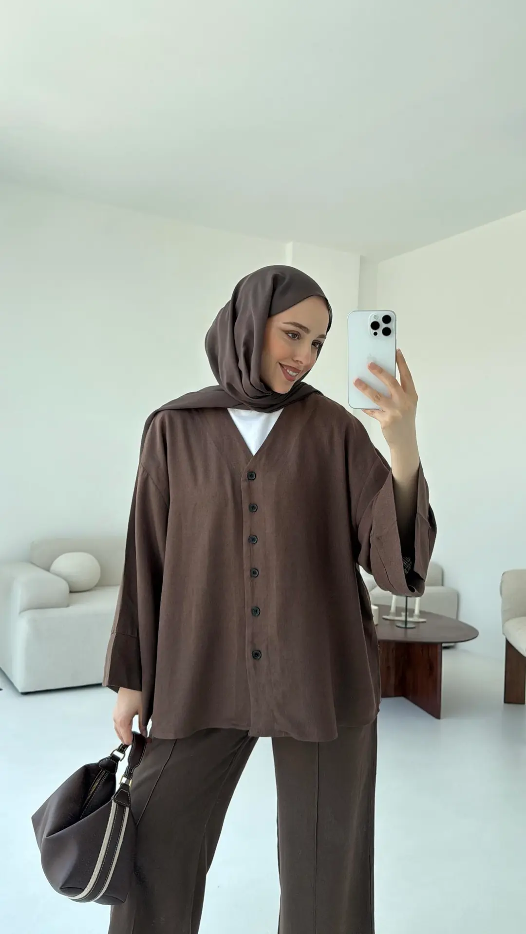 Düğmeli Kimono Takım Kahve - Görsel 5