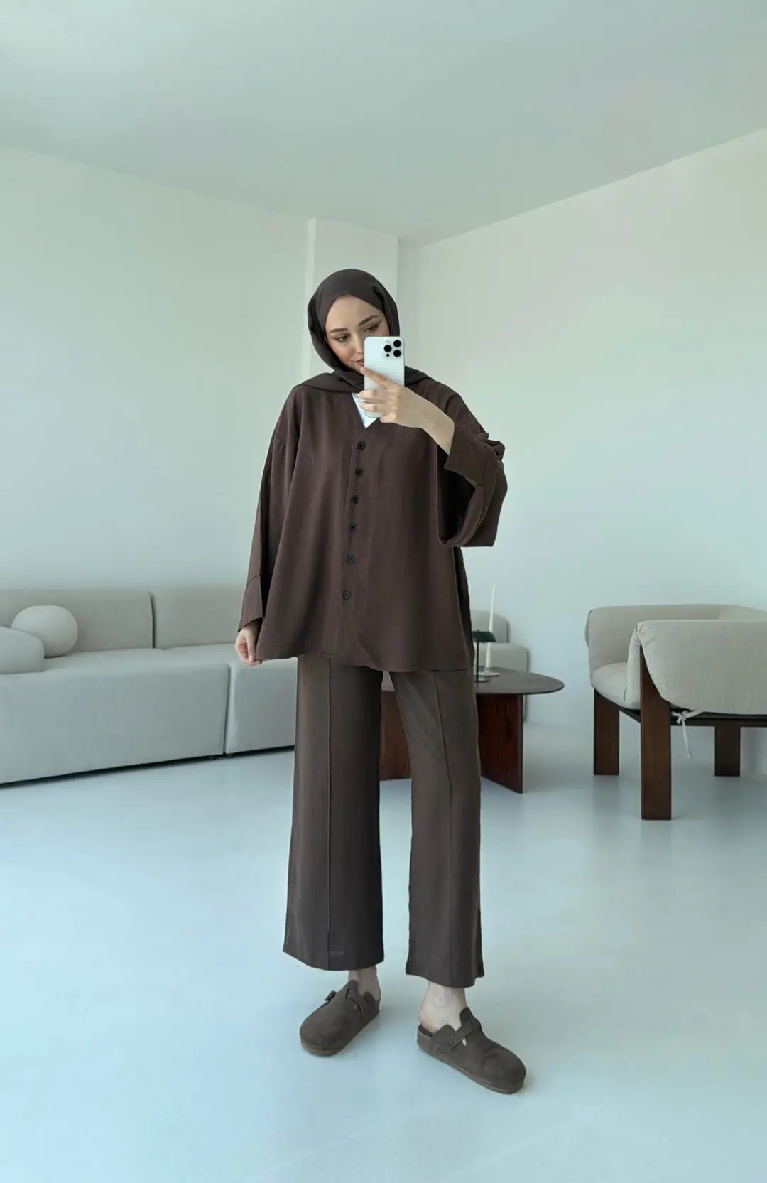 Düğmeli Kimono Takım Kahve - Görsel 6