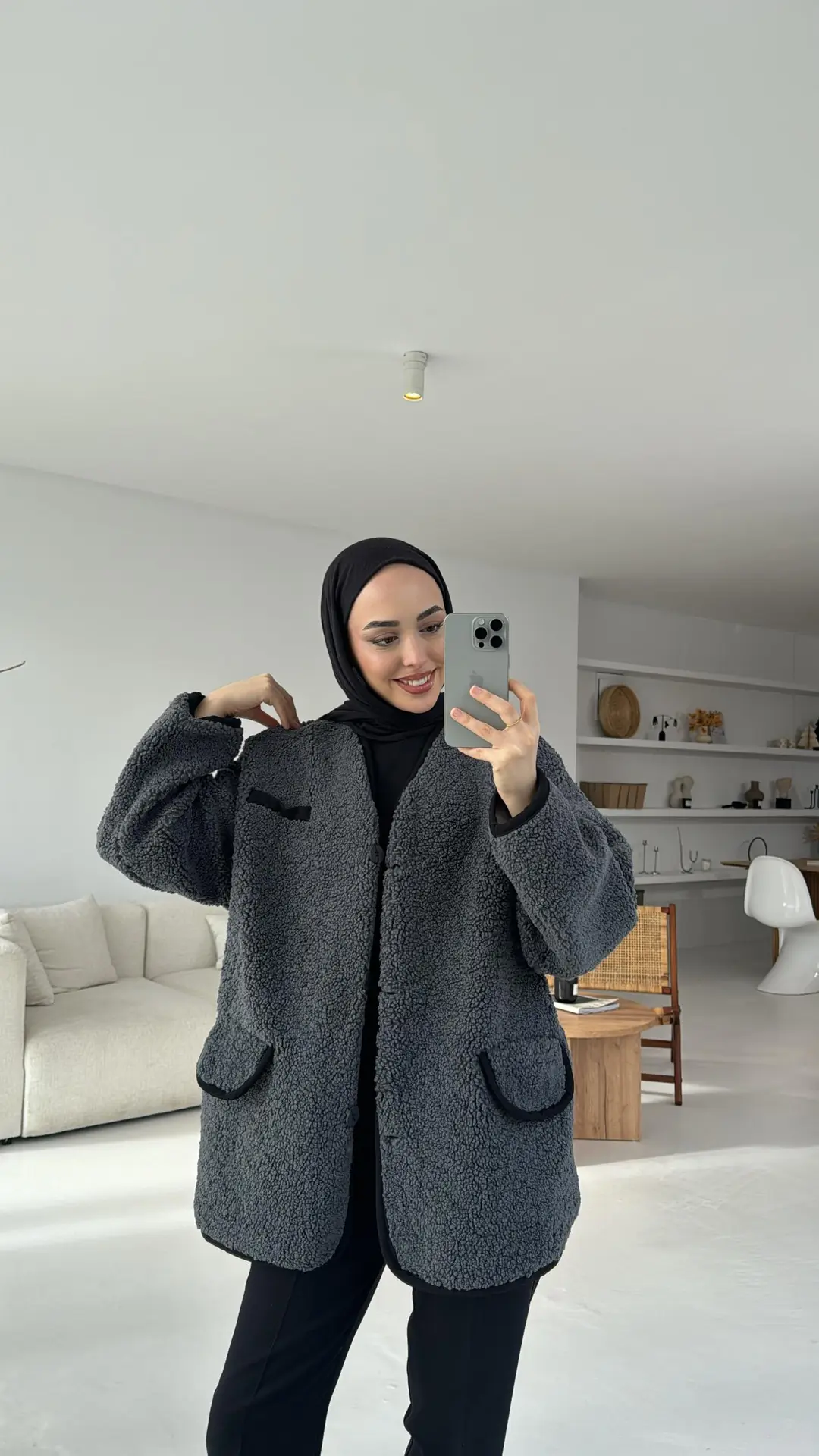 Düğmeli Oversize Teddy Ceket Antrasit - Görsel 3