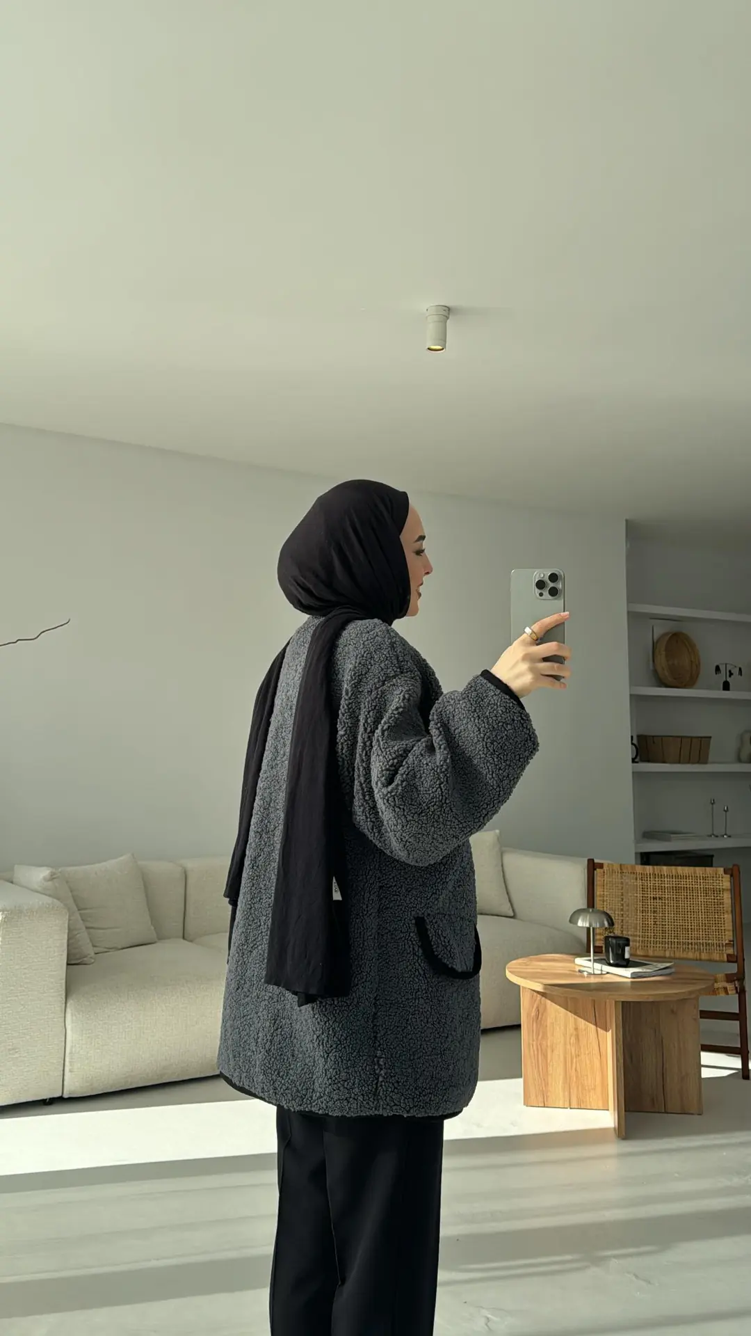 Düğmeli Oversize Teddy Ceket Antrasit - Görsel 5