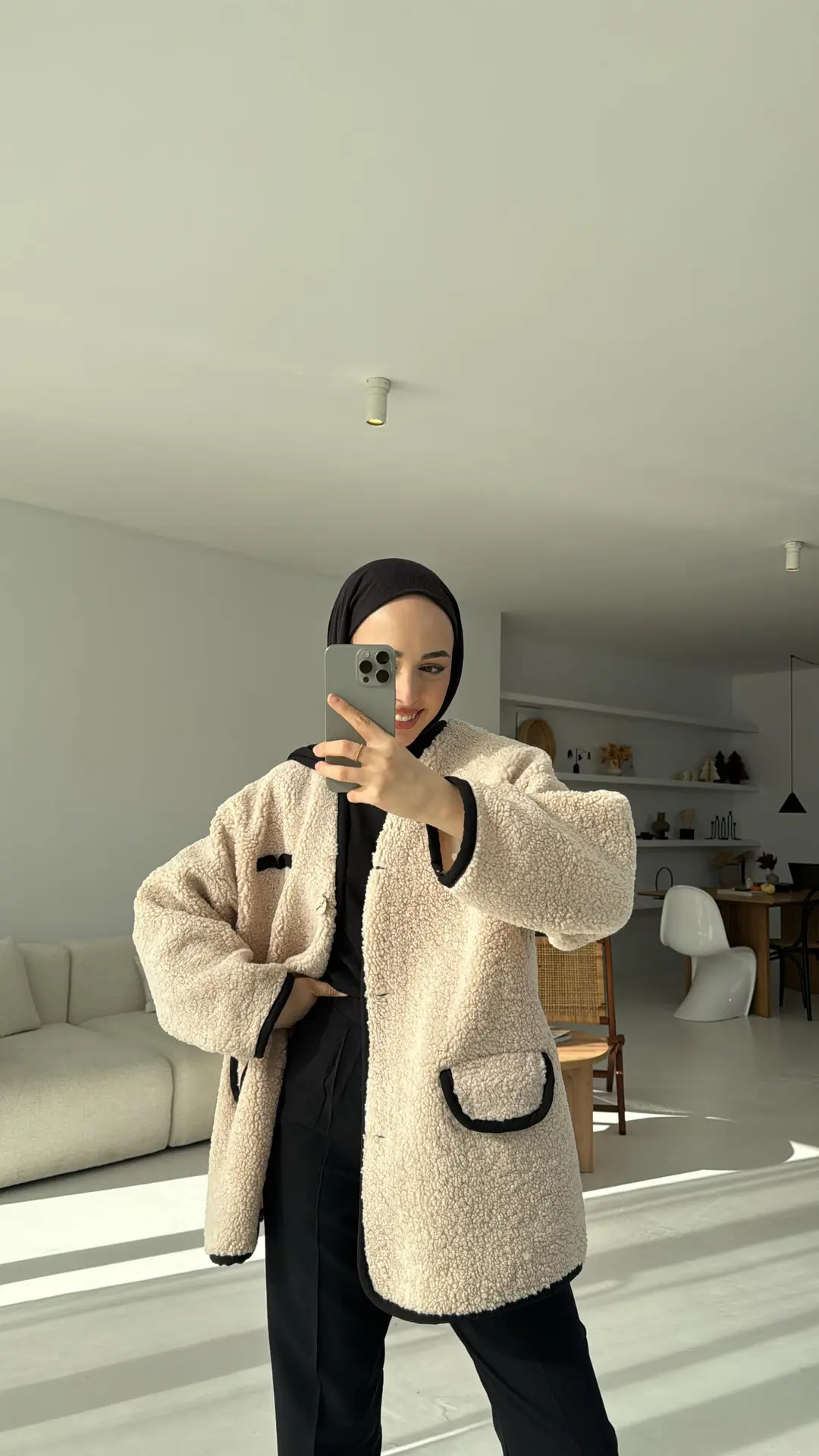 Düğmeli Oversize Teddy Ceket Bej - Görsel 3