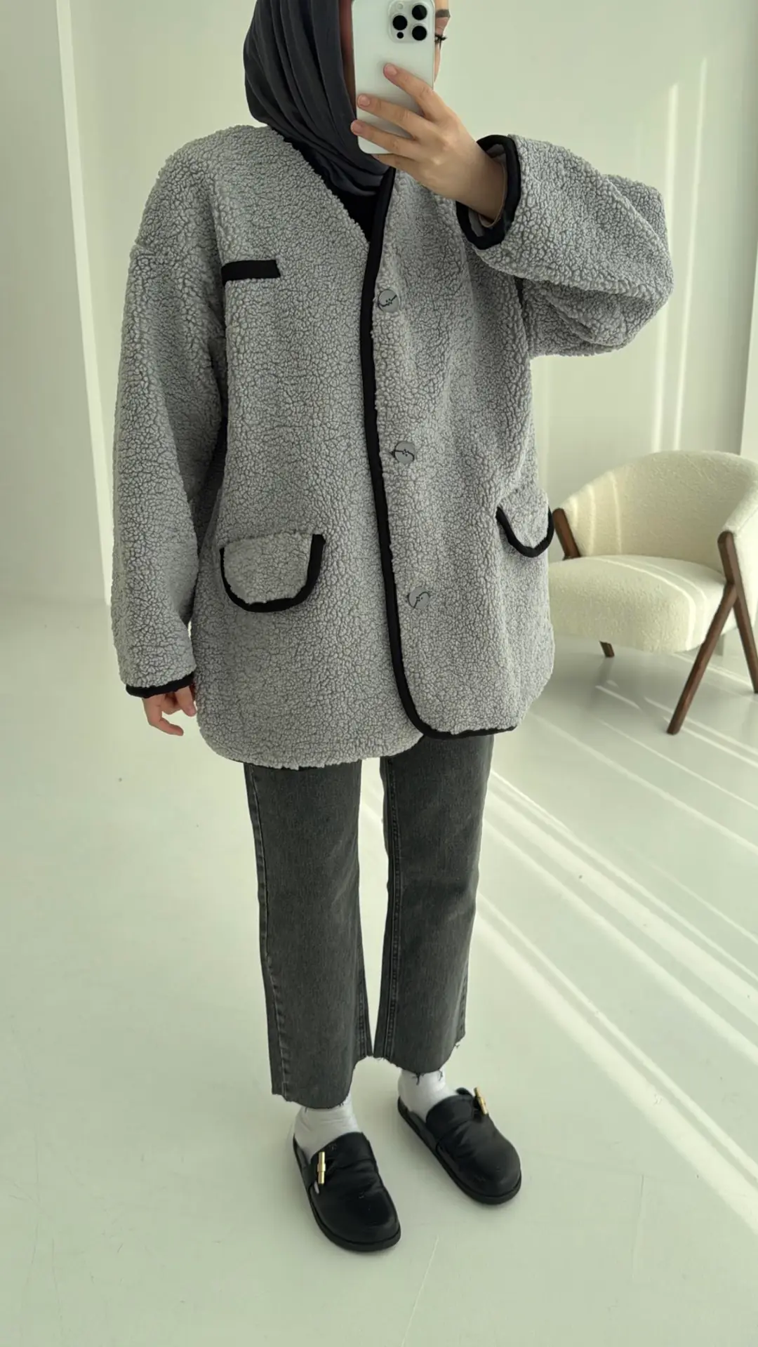 Düğmeli Oversize Teddy Ceket Gri - Görsel 2