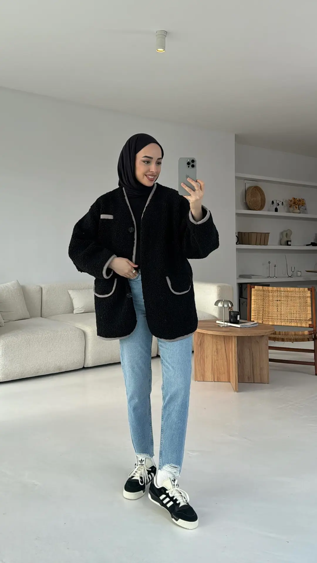 Düğmeli Oversize Teddy Ceket Siyah - Görsel 3