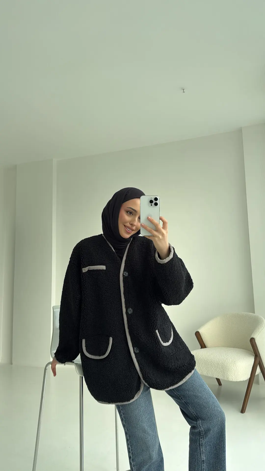 Düğmeli Oversize Teddy Ceket Siyah - Görsel 4