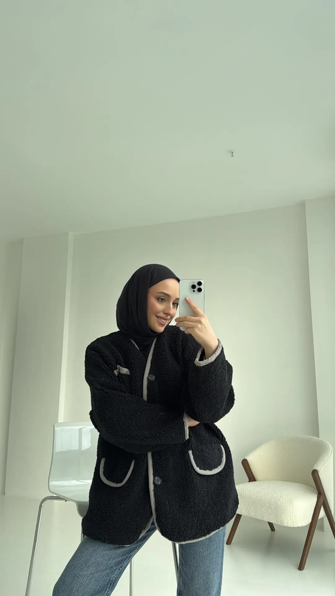 Düğmeli Oversize Teddy Ceket Siyah - Görsel 5