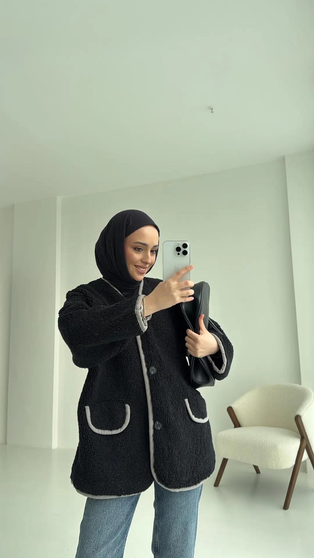 Düğmeli Oversize Teddy Ceket Siyah - Görsel 6