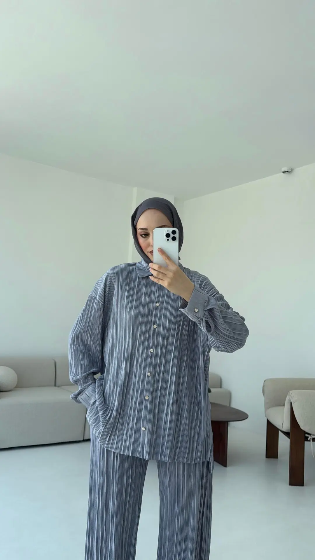 Düğmeli Piliseli Takım Gri - Görsel 2