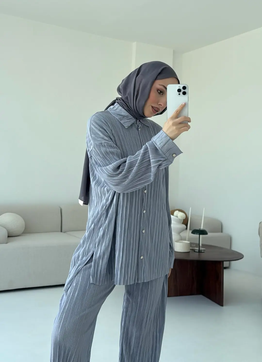 Düğmeli Piliseli Takım Gri - Görsel 4