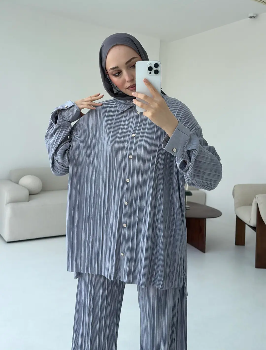 Düğmeli Piliseli Takım Gri - Görsel 5