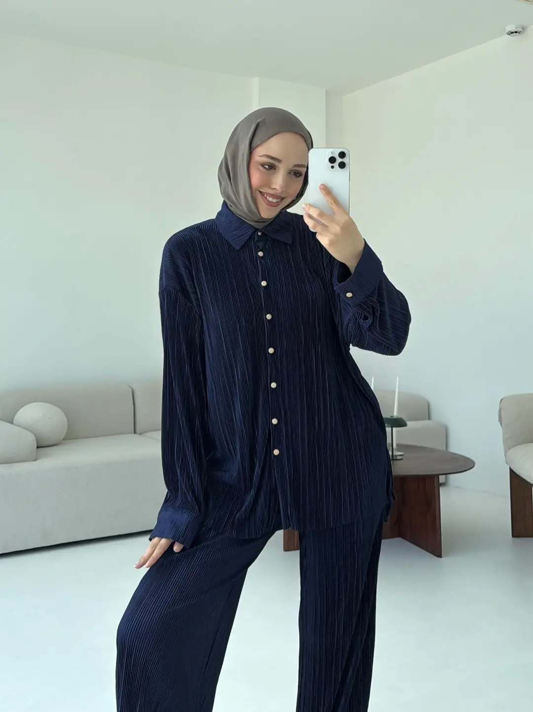 Düğmeli Piliseli Takım Lacivert - Görsel 6