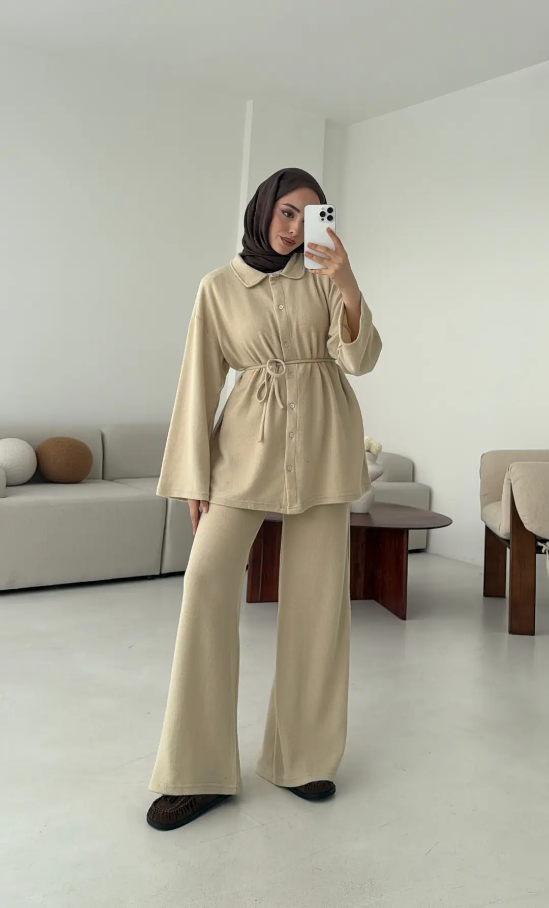 Düğmeli Süprem Takım Bej