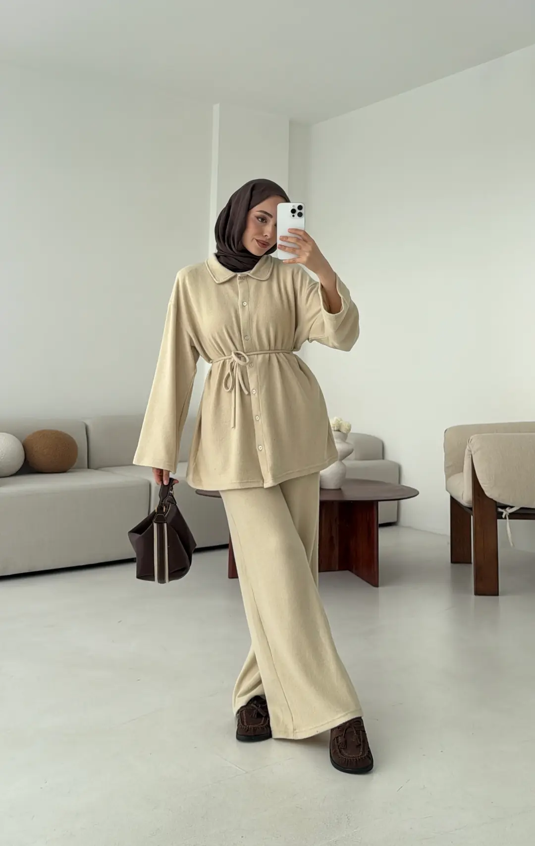 Düğmeli Süprem Takım Bej - Görsel 5