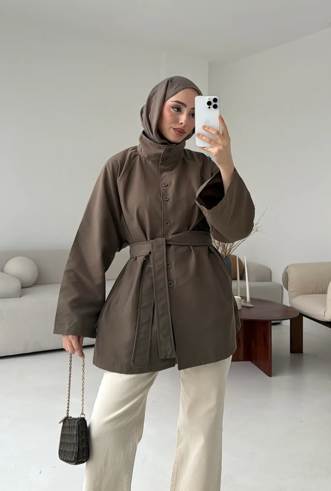 Düğmeli Trençkot Vizon