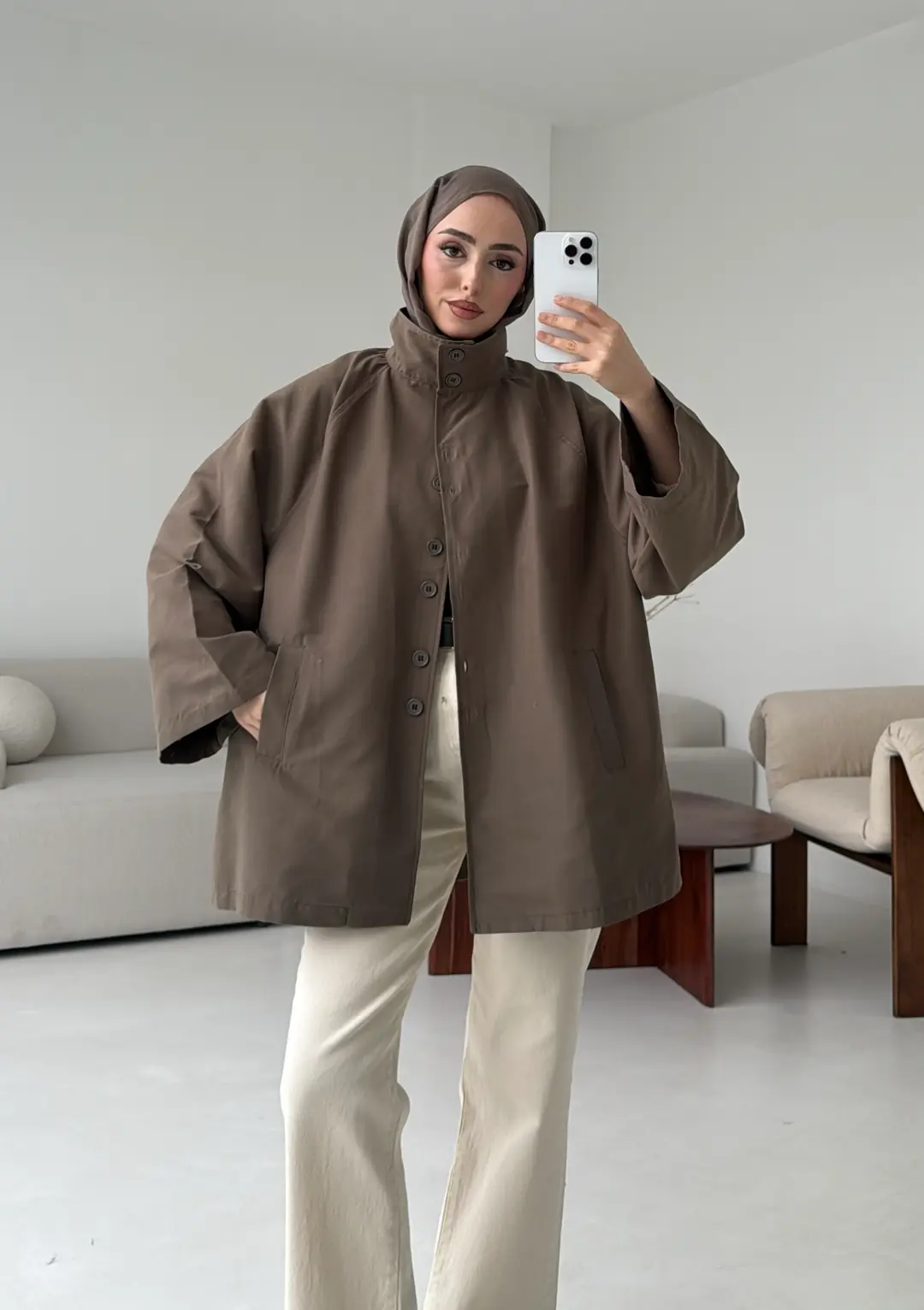 Düğmeli Trençkot Vizon - Görsel 4