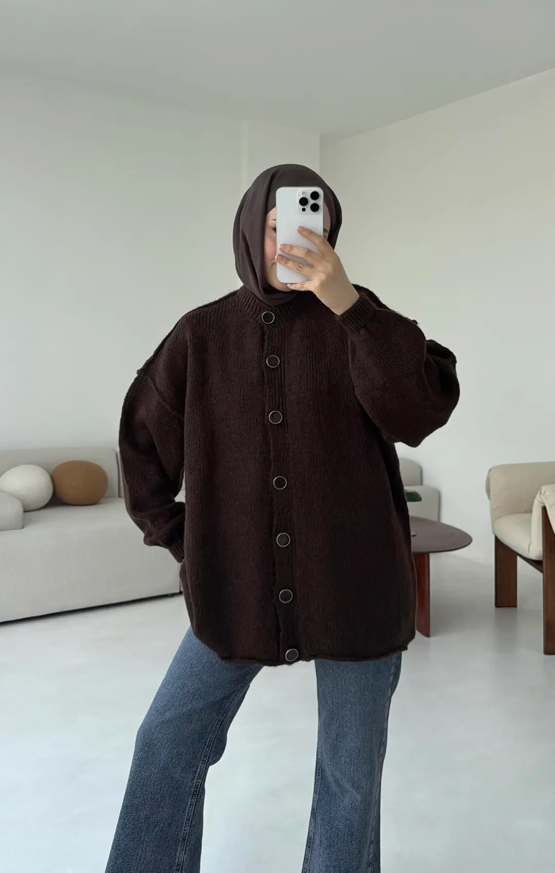 Düğmeli Triko Hırka Kahve - Görsel 3