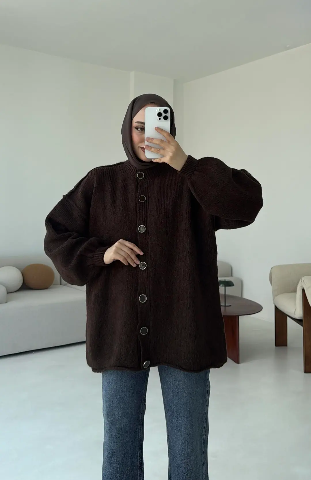 Düğmeli Triko Hırka Kahve - Görsel 5