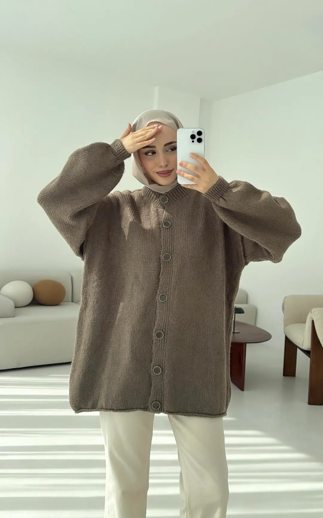 Düğmeli Triko Hırka Vizon - Görsel 2