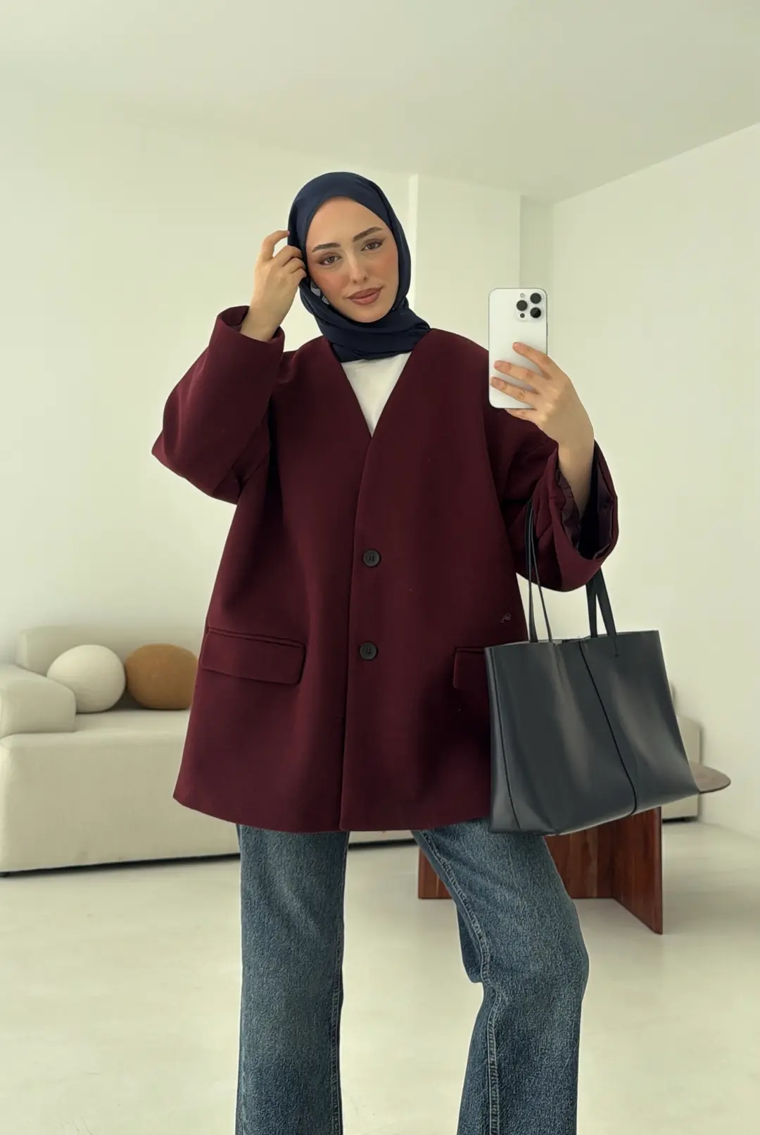 Düşük Omuz Atkılı Kaşe Ceket Bordo - Görsel 8