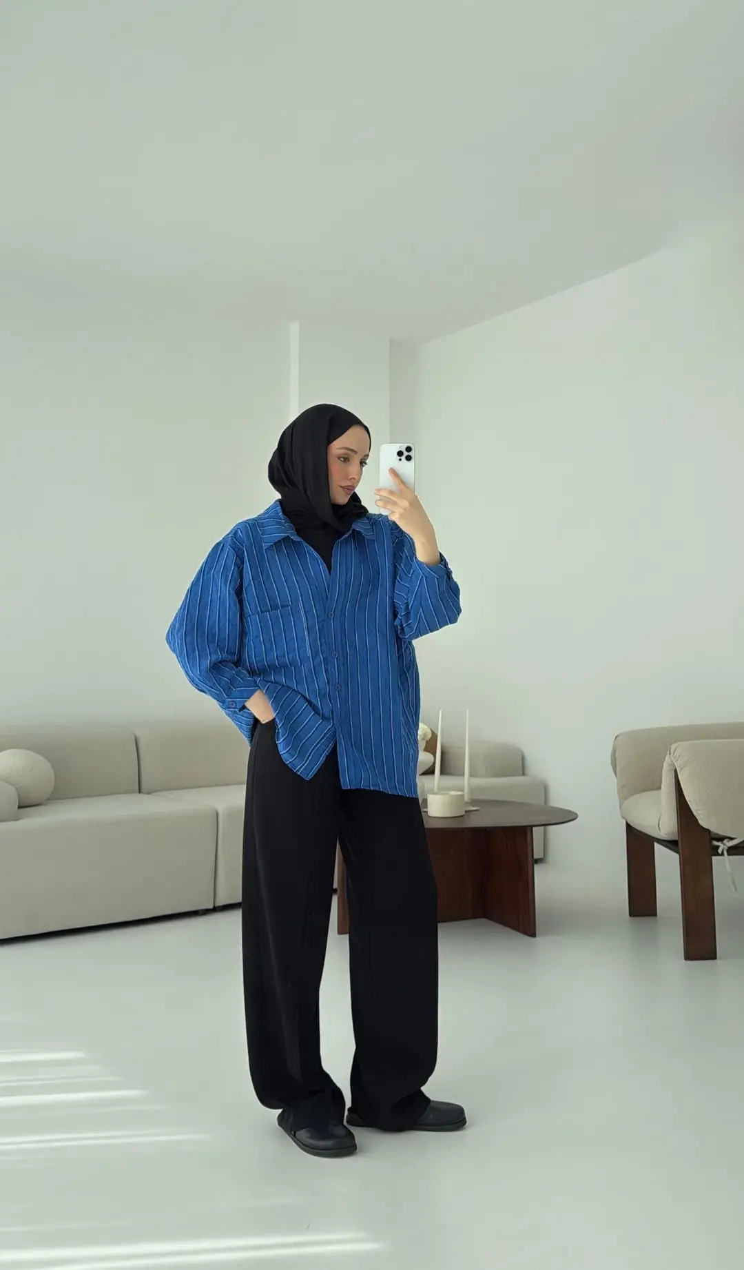 Düşük Omuz Çizgili Gömlek Saks Mavi